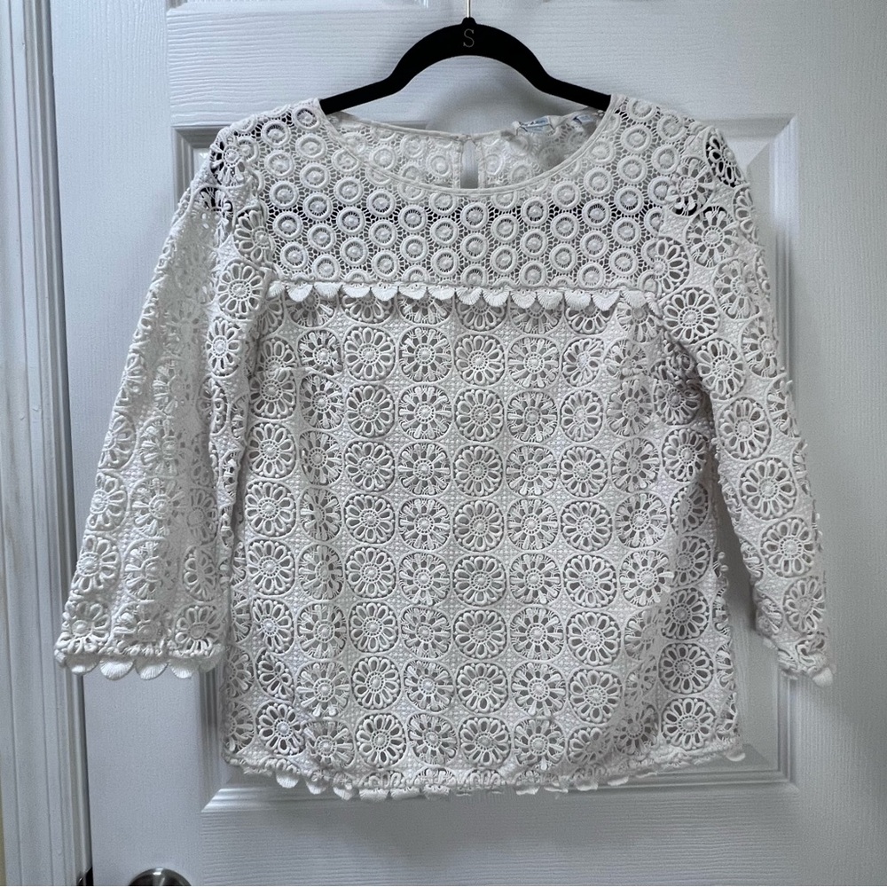 Boden Embroidered Crochet Long Sleeve Ivory Cream Top Size 6 Boho Cottagecore